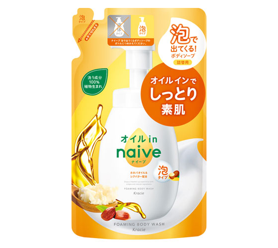 クラシエ ナイーブ 泡状ボディソープ【オイルイン】詰替え 480ml x 18 pack/ケース, 日本製 Kracie NAIVE Body Foam Soap【Oil-in】480ml Refill x 18 packs/ case, Made in Japan