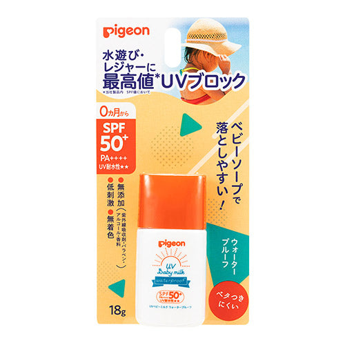 ピジョン UVベビーミルク ウォータープルーフ SPF50+ PA++++ 18g, Pigeon UV Sunscreen Baby Milk Waterproof SPF50+ PA++++ 18g, Made in Japan