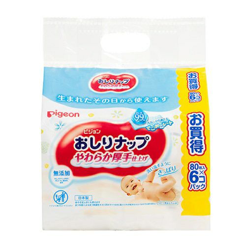 ピジョン おしりナップ やわらか厚手仕上げ 純水99％ 80枚 6個パック 日本製 Pigeon Baby Wipes Mild and Thick with 99% Pure Water 80 count x 6 /pack Made in Japan